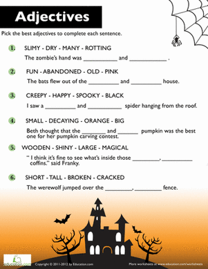 build vocabulary with a ghostly grammar sheet featuring halloween adjectives