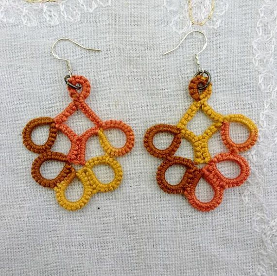 Tatted Dangle Earrings in Retro Colors - Handmade Light Cotton Lace Earrings - Frivolite Earrings in Autumn Colours - Canadian Leaf Earrings #autumncolours