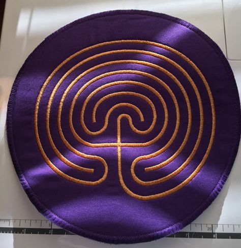 This 10 round traditional Cretan style Labyrinth is embroidered on 100% cotton fabric then edged and finished as a lap mat, or finished into a lap pillow with removable cover. Use as a meditative aide, easily packable. Perfect for inclement weather or when access to an outdoor labyrinth is restricted by movement or location. They can be custom ordered in your choice of colors. Unfinished 14 x 20 lap mat also available to customize yourself. Faerie Ring, Labyrinth Design, Labrynth, Crop Circles, Camping Art, Restricted, Lap, Finding Yourself, Finger