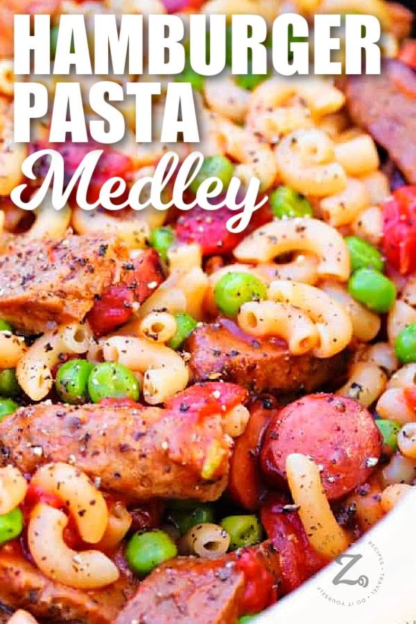 close up of hamburger pasta medley with a wooden spoon on the side, with a title