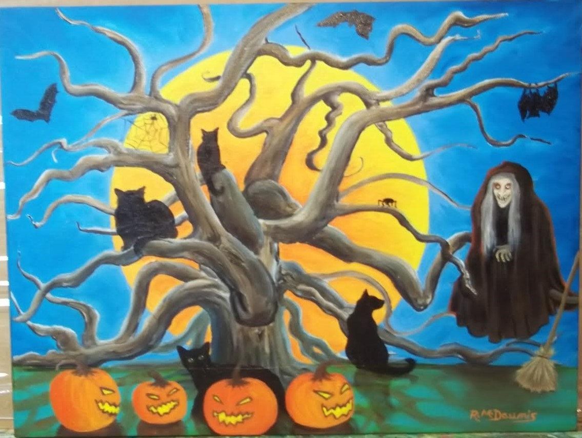 Black Cats Painting Rosemary Daunis Art FREE Ship Halloween Decor By