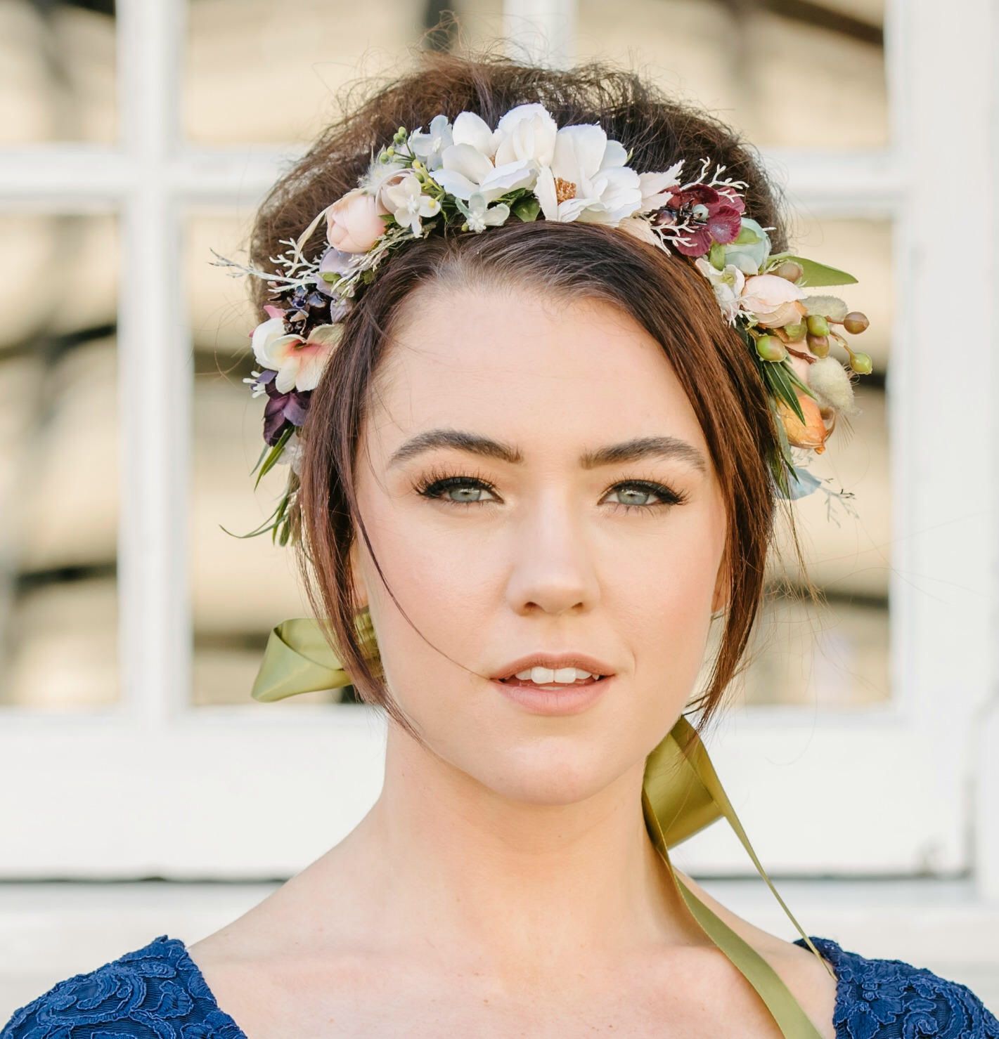 Woodland Rustic Flower Crown Headband Green Flower Headpiece Floral Crown Wedding Flower Crown Wedding Hair Wreath Blue Mauve Maroon Flowers #crownheadband