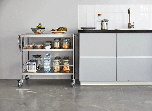 A Gif Shows Metal Kitchen Island Moving From The Center Of A Gif Shows Metal Kitchen Island Moving From The Center Of Room To Its Spot Next Counter