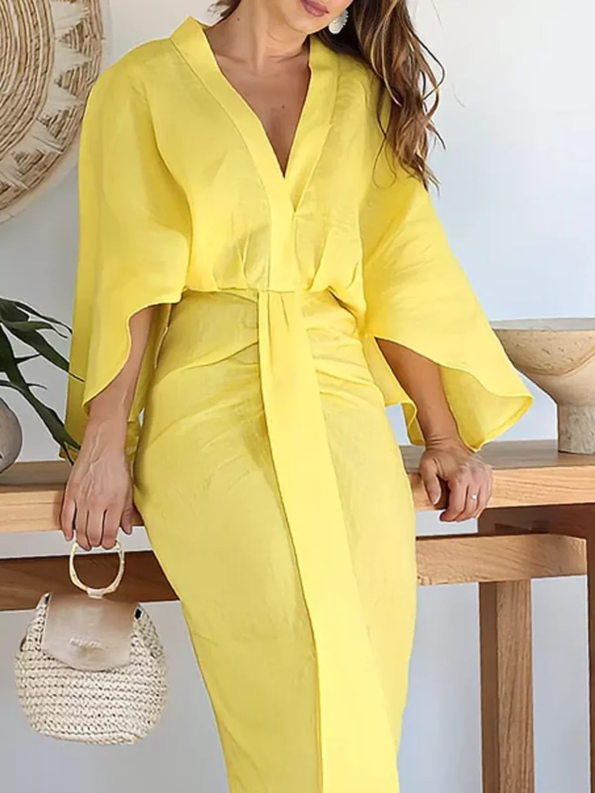 Plain Summer Vacation Polyester Natural Regular Fit Maxi Short Sleeve plain-summer-vacation-polyester-natural-regular-fit-maxi-short-sleeve