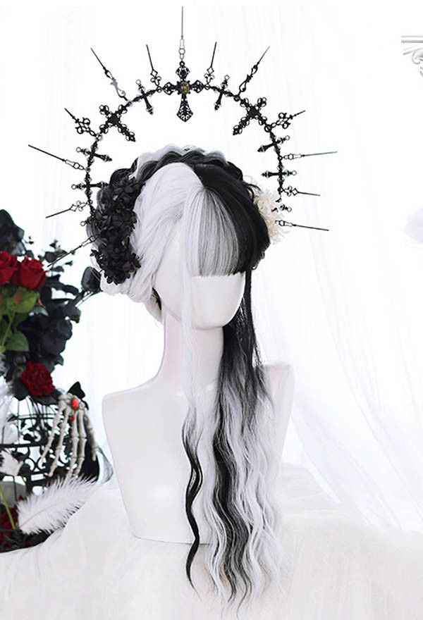 Halloween Lolita Gradient Cosplay Wig Harajuku Black and White Mixed Color Long Wavy Curly Wig Kawaii Hairstyles, Pretty Hairstyles, Wig Hairstyles, Fantasy Hairstyles, Cosplay Hair, Cosplay Wigs, Black Cosplay Wig, Harajuku Wigs, Kawaii Wigs
