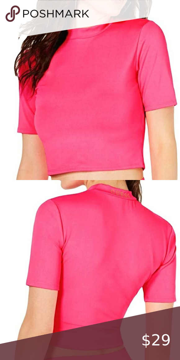 GUESS Logo Mock-Neck Crop Top Pink S