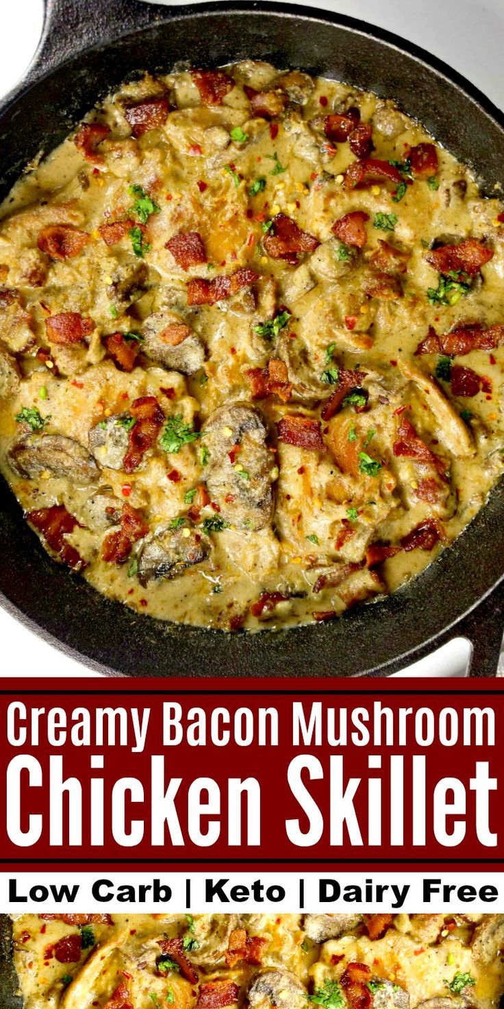 Keto Creamy Bacon Mushroom Chicken Skillet #ad Dairy Free Recipe | Meal Prep | Keto DInner #ketorecipes #keto #chickenskillet #mushroomchicken #ketocreamsauce #mealprep Dairy Free Keto Recipes, Keto Recipes Dinner, Ketogenic Recipes, Keto Recipes Easy, Keto Dinner, Cooking Recipes, Dairy Free Dinners, Dairy Free Recipes With Chicken, Gourmet