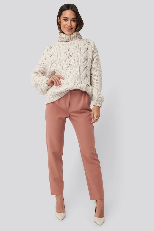 Wool Blend High Neck Heavy Cable Knitted Sweater White Wool Blend High Neck Heavy Cable Knitted Sweater White