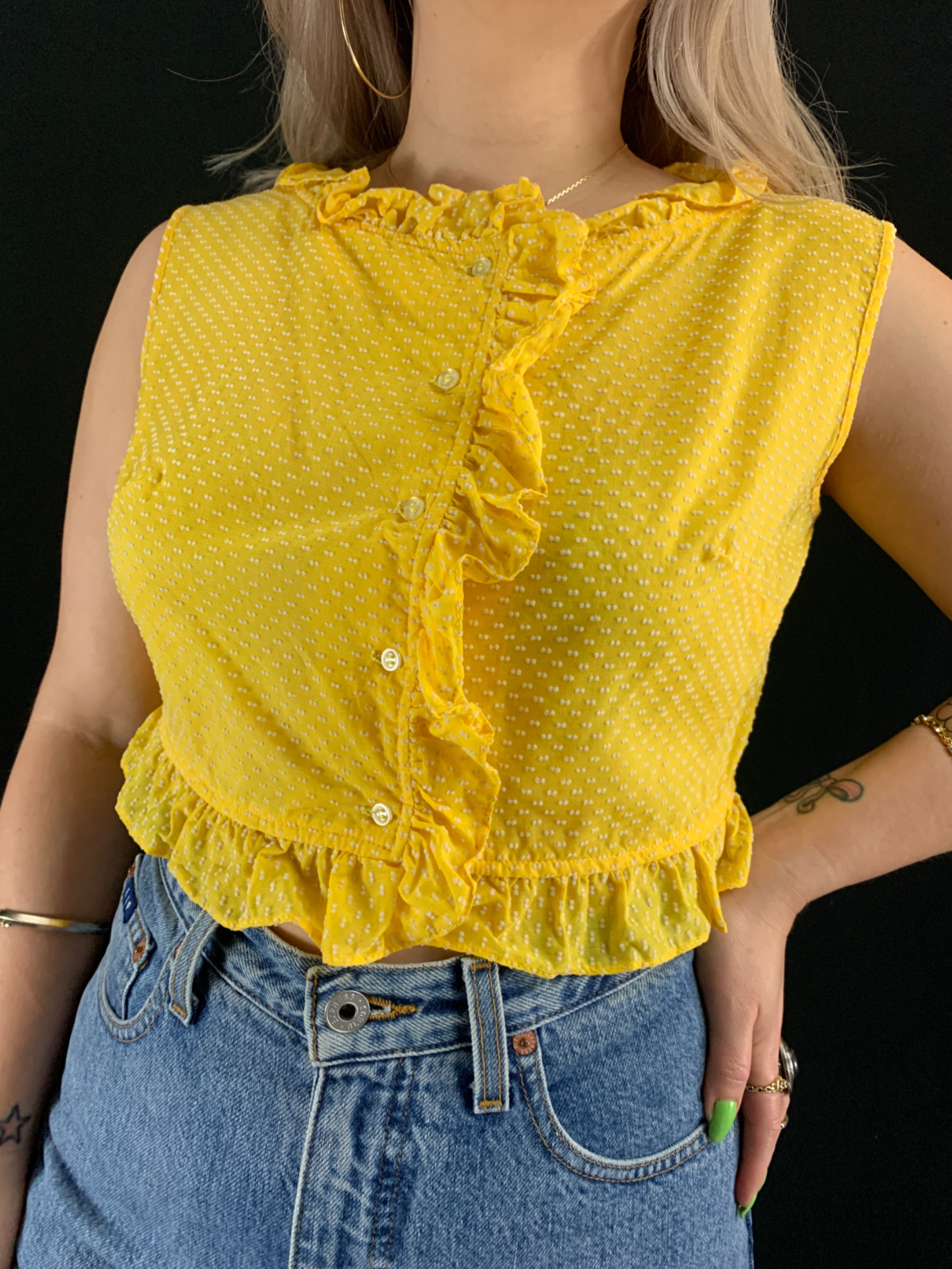 Vinage 1960/'s Frilly Front Sleveless Blouse Size Small