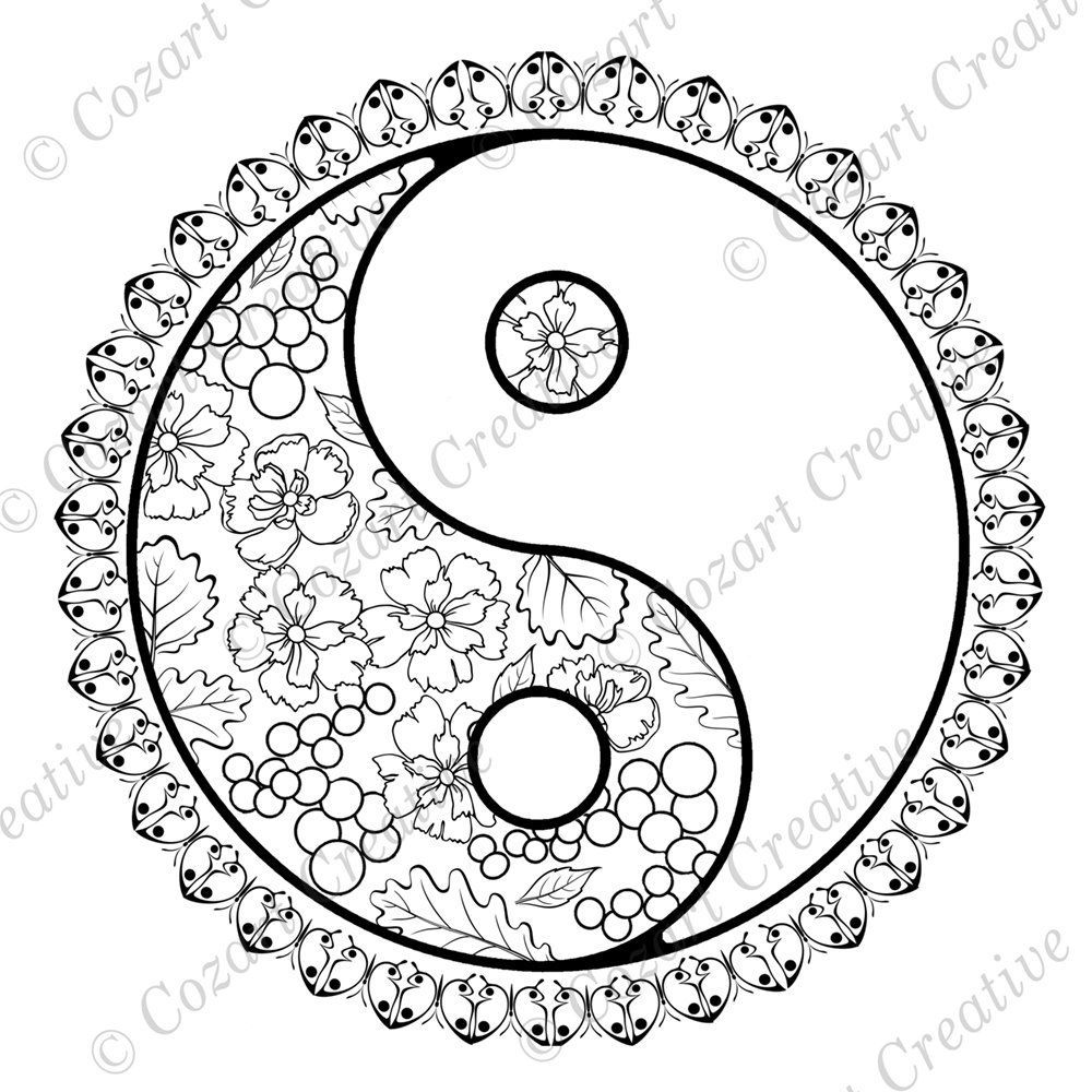 Coloring Page Yin Yang Chinese Symbol Fusion Flowers Grapes Circles