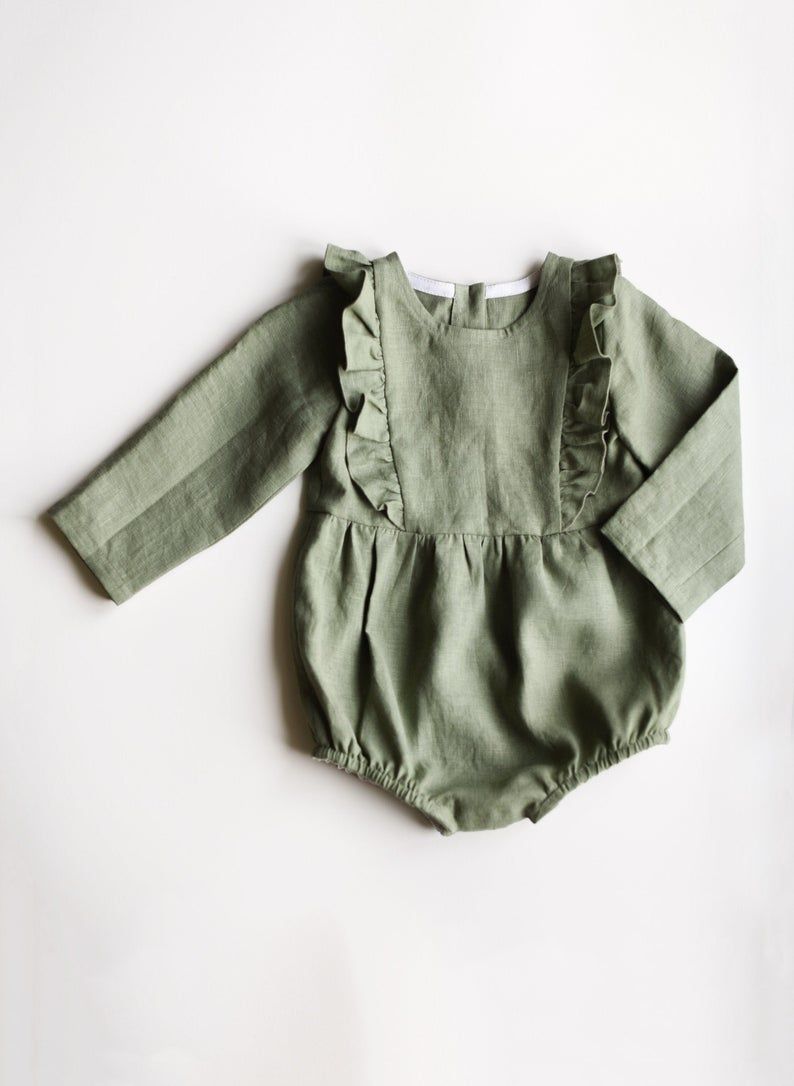 Sage Green Linen Romper Ruffled Romper for Babies and | Etsy | Baby romper outfit, Baby clothes