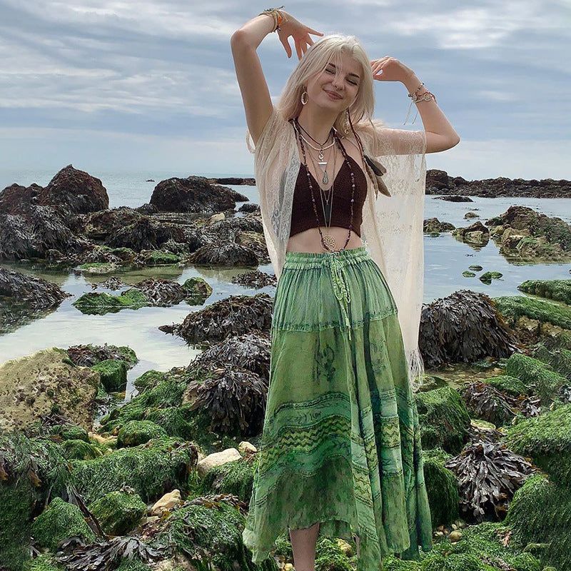 Brand Name: ZenaideMaterial: PolyesterStyle: CasualOrigin: CN(Origin)Fabric Type: WovenWaistline: empirePattern Type: Tie DyeSilhouette: A-LINEDresses Length: Ankle-LengthDecoration: BandageModel Number: Green Long SkirtGender: WOMENAge: Ages 18-35 Years Old Retro Outfits, Mode Outfits, Fashion Outfits, Cute Hippie Outfits, Boho Style Outfits, Mode Inspo, Mode Inspiration, Fairy Grunge Outfit, Grunge Fairycore Outfits