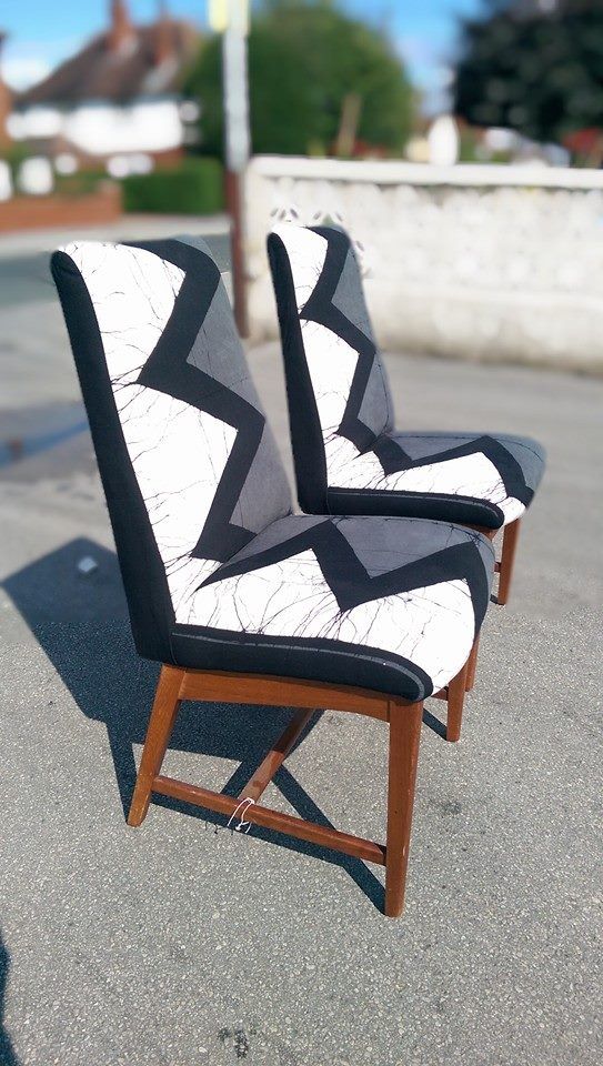 a pair of 1960s chairs reupholstered in this wonderfully graphic zig