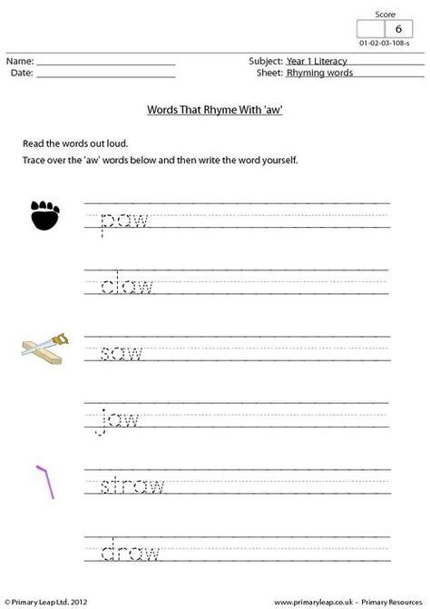 Worksheets Rhyming Words Aw