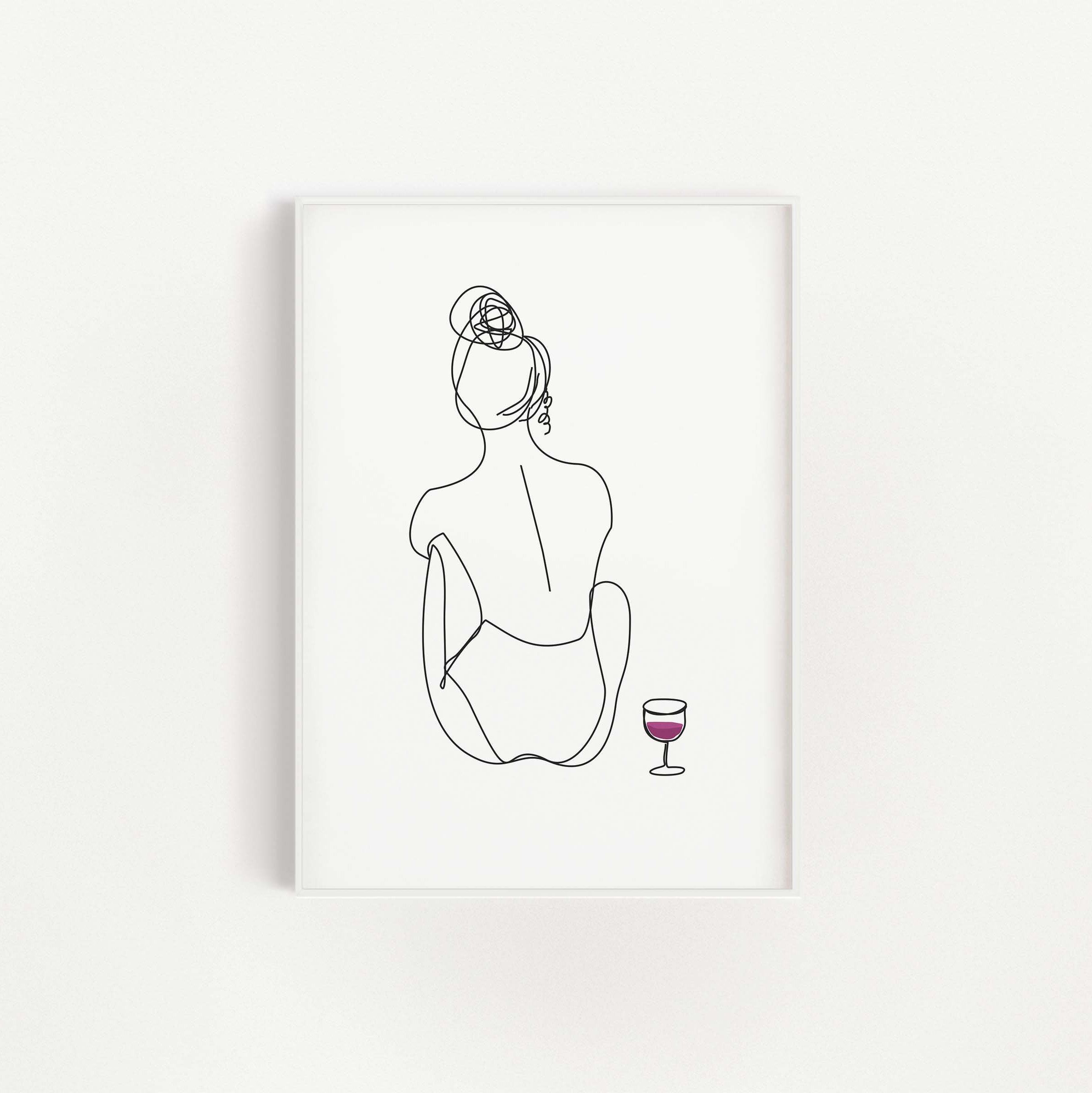 Girl with wine glass printable line art print Nude Woman Line body art Illustration printable erotic sexy Female Printable Drink Wine nude