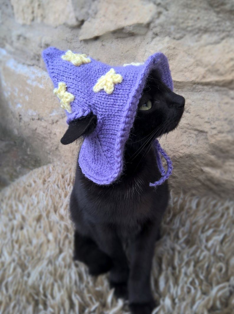 This hat is made of acrylic yarn. Hand wash is recommended. ***** Measurements***** I have this hat available in three different sizes: - kittens / small cats / puppies: 8 head circumference - small / standard cats : 10 head circumference - large cats / extra small dog breeds: 12 head Costume Chat, Pet Costumes, Pretty Cats, Cute Cats, Cute Black Cats, Animals And Pets, Funny Animals, Wizard Cat, Cat Aesthetic