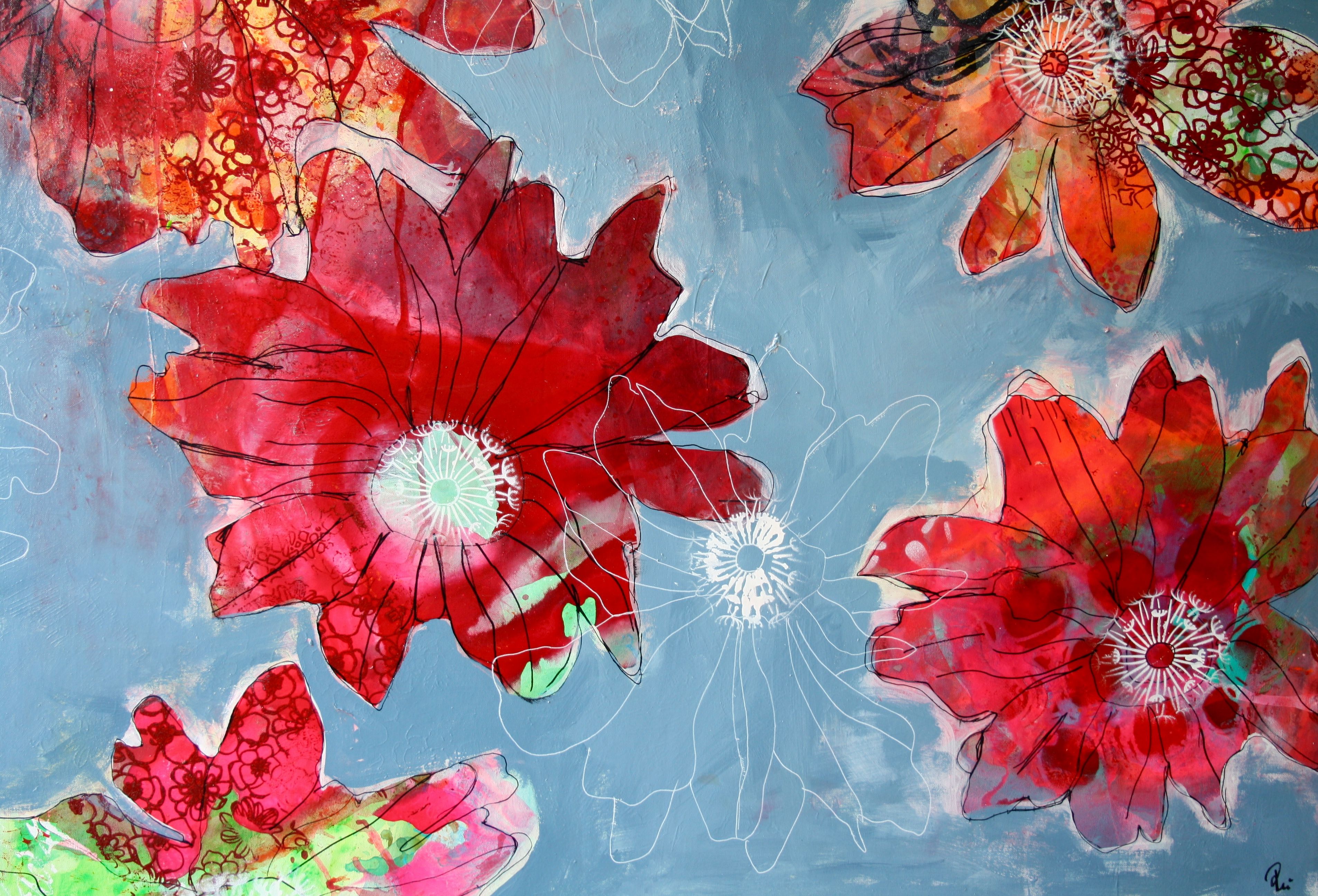 Flowers, blomster, maleri, painting, collage, abstrakt, art ... Stort akrylmaleri