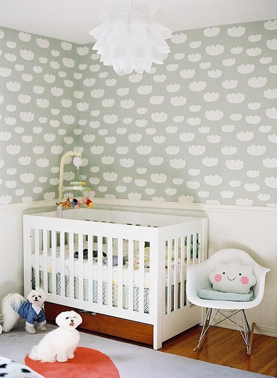 Chair Rail And Wallpaper Part - 45: Adorable Nursery Features Upper Walls Clad In Ferm Living Cloud Wallpaper - Mint And Lower Walls