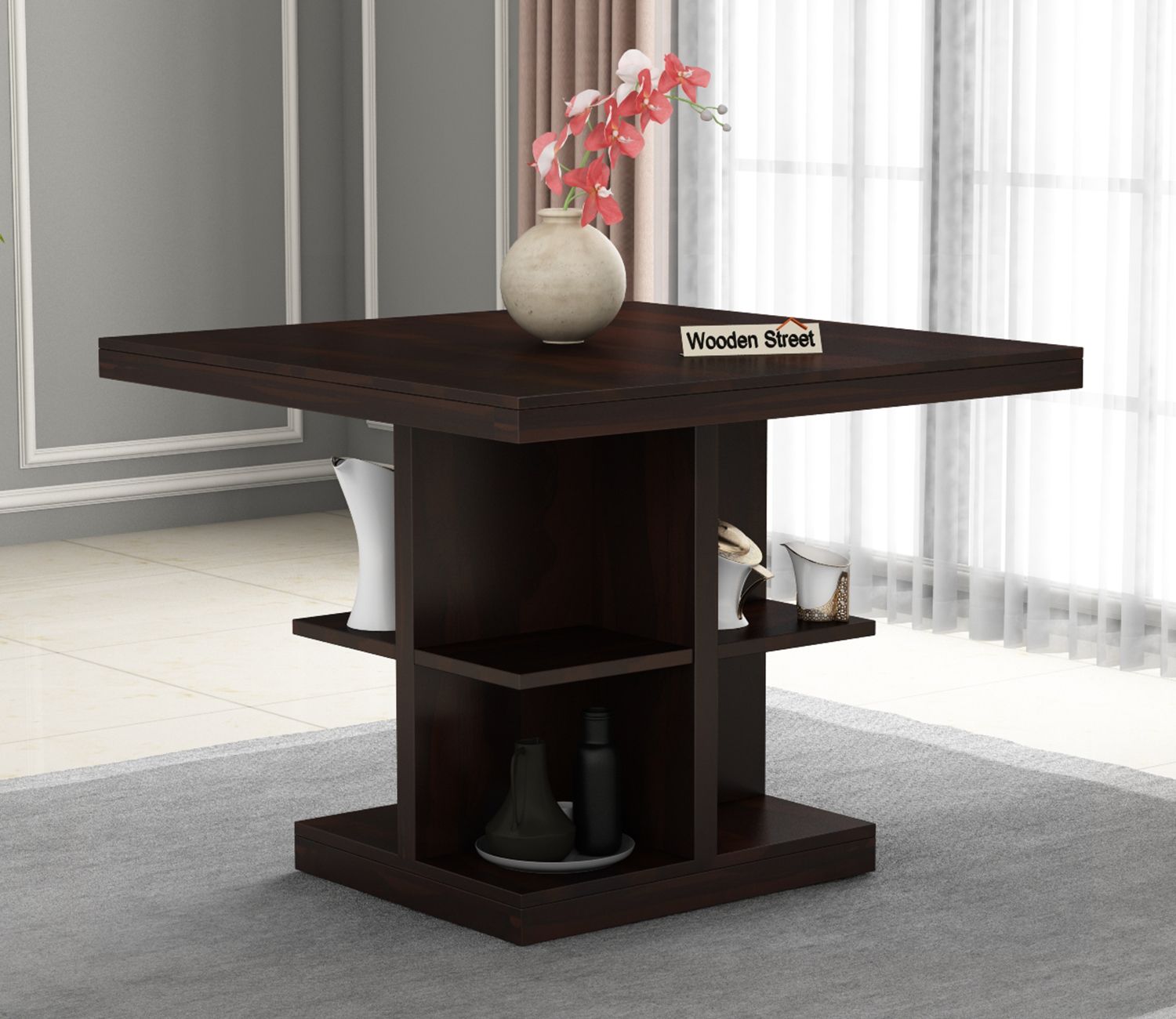 Buy Regal 4 Seater Dining Table (Walnut Finish) Online in India - Wooden Street Dinning Room Table Decor, 4 Seater Dining Table, Dining Set, Wooden Street, Dinette, Walnut Finish, Teak, Shelves, India
