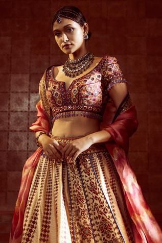 Shop for Tarun Tahiliani Multi Color Tribal Patchwork Kalidar Lehenga Set for Women Online at Aza Fashions Floral Clutch Bags, Indian Outfits, Indian Clothes, Precious Stone Jewelry, Tarun Tahiliani, Aari Embroidery, Zardozi, Silk Organza, Embroidered Blouse