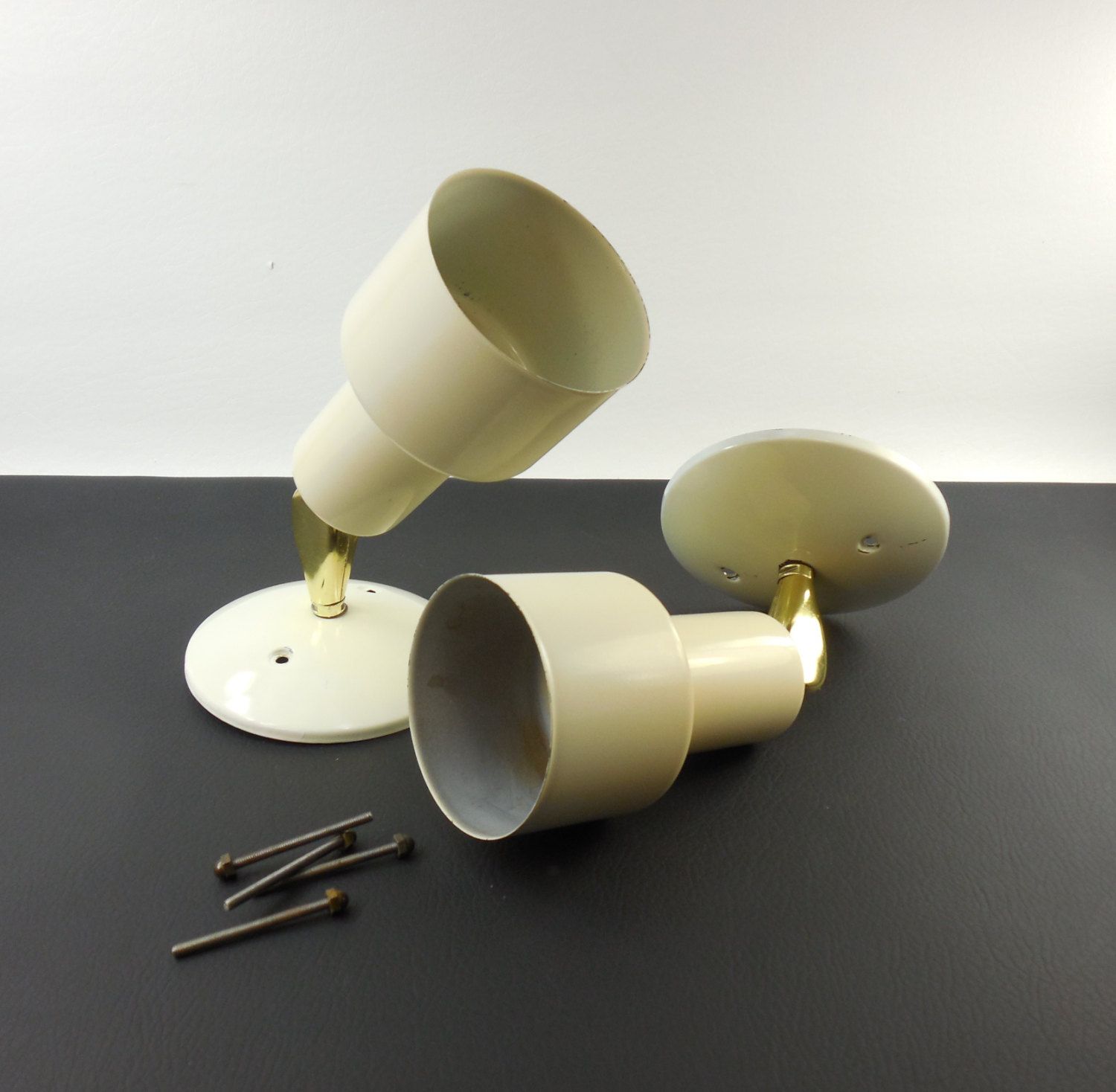 pair 1960 70s light cone lamp fixture almond tan wall sconce chicago light works