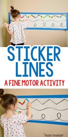 Sticker Lines: Fine Motor Activity; quick and easy toddler activity; dot sticker activity; preschool activity from Busy Toddler Preschool Activity, Preschool Learning Activities, Homeschool Preschool, Infant Activities, Activity Ideas, Preschool Letters, Alphabet Activities, Toddler Preschool, Toddler Fine Motor Activities
