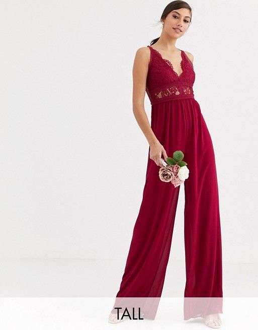 TFNC Tall Bridesmaid jumpsuit with lace inserts in mulberry #bridesmaidjumpsuits TFNC Tall Bridesmaid jumpsuit with lace inserts in mulberry | ASOS #bridesmaidjumpsuits