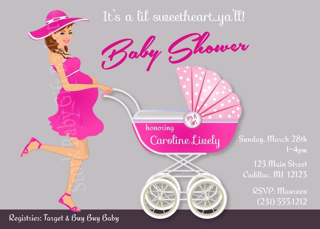 Southern Belle Girl Baby Shower Invitation (#SBGB115) - StorkBabyGiftBaskets - 3 Baby Shower Fun, Baby Shower Themes, Girl Shower, Shower Ideas, Pink Stroller, Southern Belle, Southern Charm, Baby Gift Basket, Baby Shower Invitations For Boys