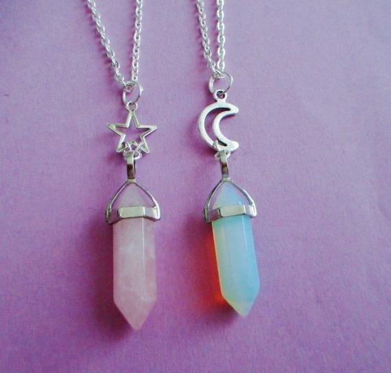opalite or rose quartz crystal point necklace, moon necklace, pastel goth, kawaii, grunge