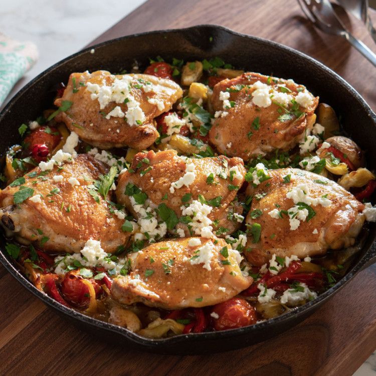 Mediterranean Chicken Thighs with Potatoes, Peppers and Feta