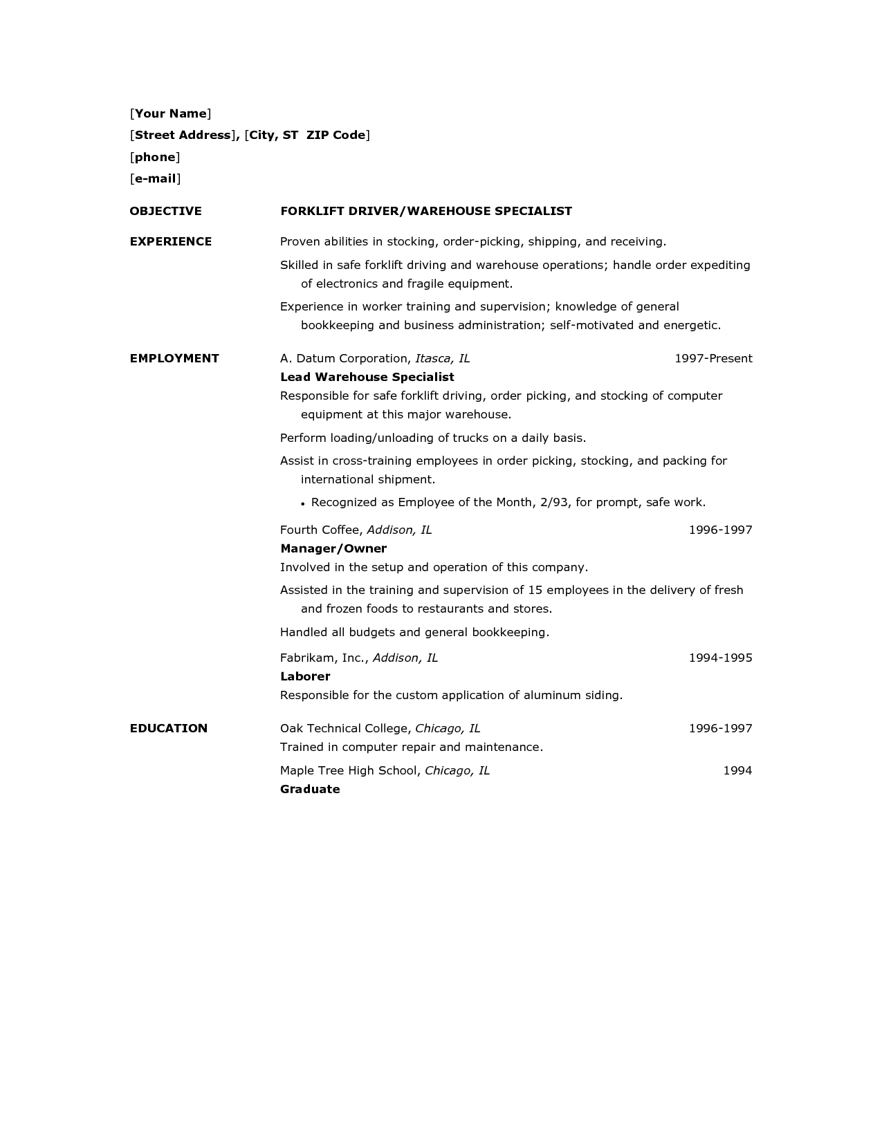warehouse worker resume example http www resumecareer info resume samples for warehouse worker