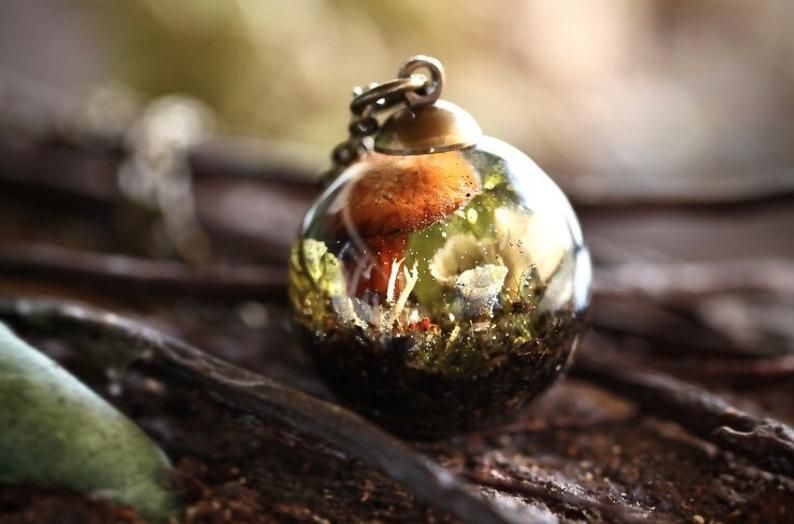Tiny Mushroom Lichen Resin Pendant