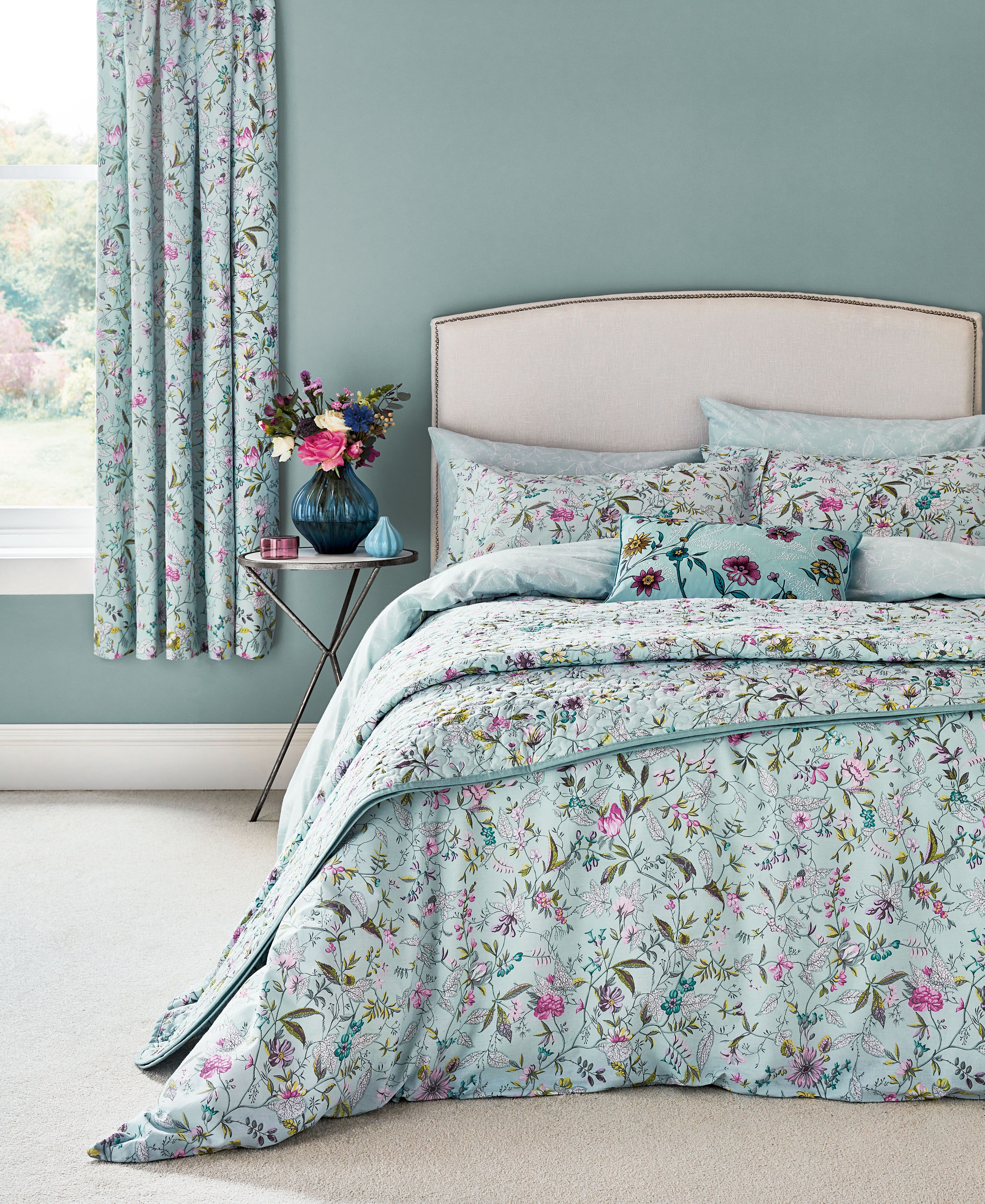 V&A Botanica Aqua bedlinen and Celine Double Duvet Set Duck Egg