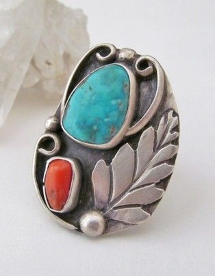 Southwestern Sterling Silver Ring with Turquoise and Coral
