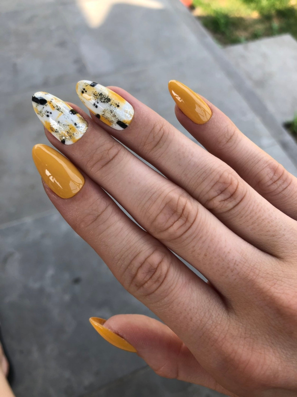 Yellow Mustard Black White Abstract Press On Nails Fake Etsy in 2020 Yellow nails design