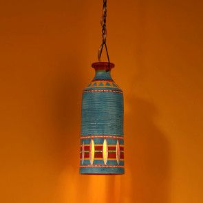 'The Light Carrier' Terracotta Pendant Cum Hanging Lamp In Azure Blue Single Hanging Light, Diy Hanging Light, Hanging Ceiling Lights, Hanging Lamp, Hanging Bell, Pendant Lamp, Pendant Lighting, Painted Clay Pots, Hand Painted