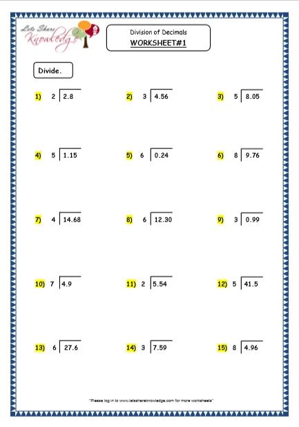 division of decimals quotient as mixed number printable worksheets