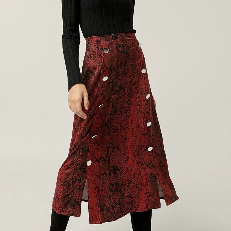 New red snake skin pattern print button down midi length women skirt fall autumn spring CLICK on