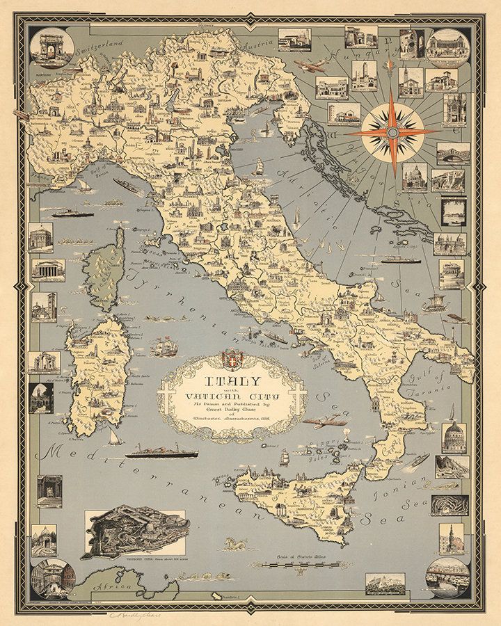 "Map of Italy, with Vatican City, Italy, 1935. Vintage restoration hardware home Deco Style old wall reproduction map print. Color pictorial map, filled with drawings of historical sites and landmarks, cities and towns, ships and boats, points of interests, and whimsical beings such as the sea monsters. Includes vignettes in margins of map and compass rose. Misu1350 ★ Size == 4\" x 6\" == 5\" x 7\" == 8\" x 10\" == 11\" x 14\" == 16\" x 20\" == 18\" x 22\" == 20\" x 24\" == 22\" x 28\" == 24\" x Maps Aesthetic, Italy Aesthetic, Vintage Italy, Vintage Maps, Italy Poster Vintage, Vintage Junk, Poster Frame, Poster Wall, Room Posters