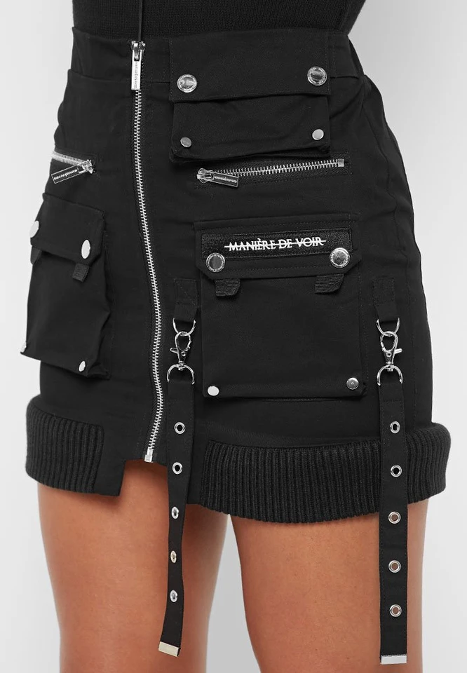 Cargo Mini Skirt with Ribbed Hem - Black Cargo Mini Skirt with Ribbed Hem - Black