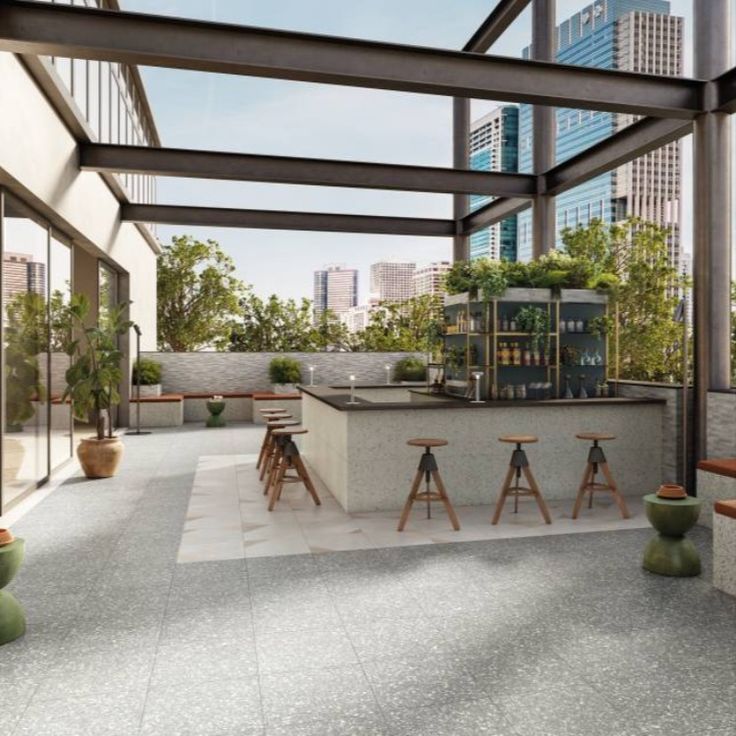 Landmark's Frontier20 porcelain pavers are deluxe as part of commercial or residential buildings. For more, see the PBM website. Flagstone, Pavers, Outdoor Living Space, Living Spaces, Fire Bowls, Entertaining Area, Residential Building, Water Fountain, Travertine