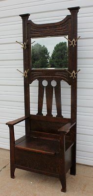Mission Arts Amp Crafts Quartersawn Oak Hall Seat Bench Bevel Mirror Mission Arts Amp Crafts Quartersawn Oak Hall Seat Bench Bevel Mirror 4 Hooks Old