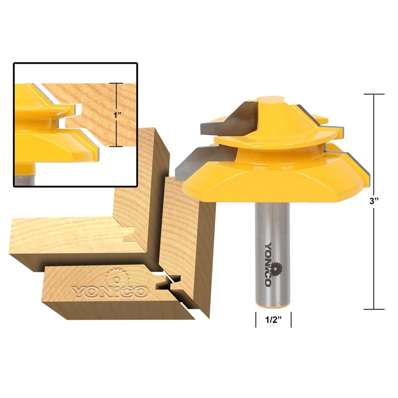 1/2" Shank Up to 1" Stock Lock Miter Router Bit Yonico 15122 45 Degree 1/2" Shank Up to 1" Stock Lock Miter Router Bit Yonico 15122 45 Degree