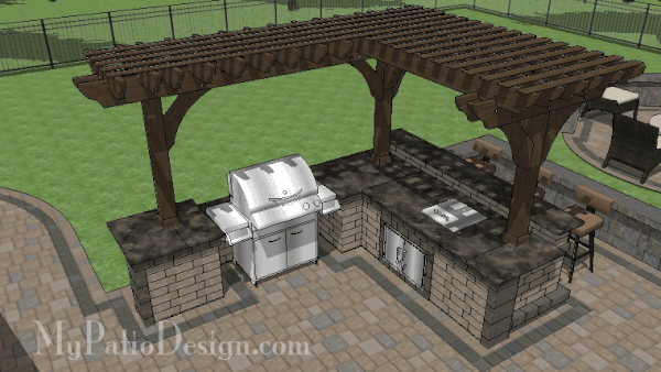 Our 3D downloadable plan will take you step-by-step to build this beautiful Outdoor Kitchen with Cedar Pergola and Drop-In Cooler. Itemized material list. Outdoor Kitchen Plans, Backyard Kitchen, Outdoor Kitchens, Kitchen Plans Layout, Backyard Bar, Cedar Pergola, Outdoor Pergola, Modern Pergola, Outdoor Patios