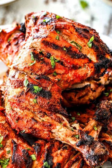up close of Grilled Tandoori Chicken Recipe with slashed, marinated chicken Grilled Tandoori Chicken Recipe, Authentic Tandoori Chicken Recipe, Tandoori Marinade, Tandoori Recipes, Indian Chicken Recipes, Chicken Marinade Recipes, Tandoori Masala, Poultry Recipes, Chicken Dinner Recipes