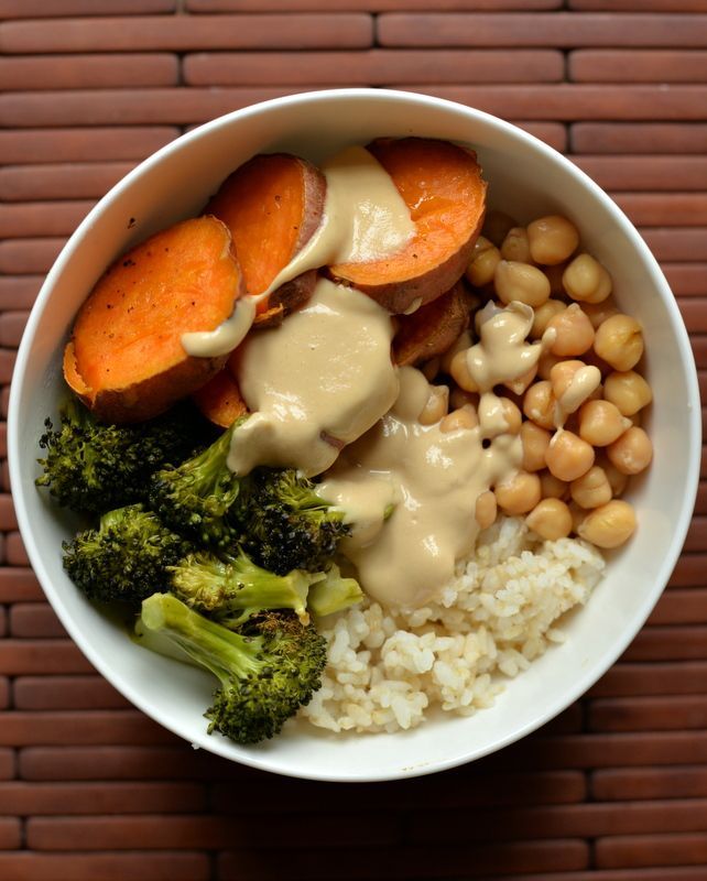 Sweet Potato and Broccoli Bowl with a Miso-Sesame Sauce