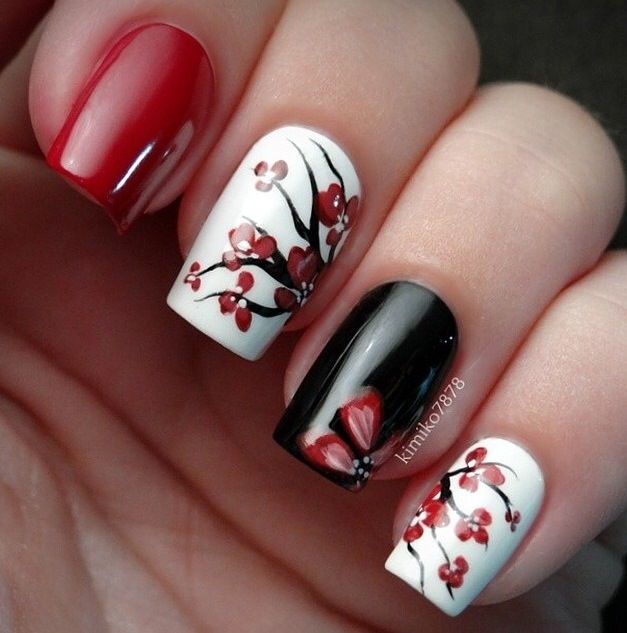 Really Pretty Flower Nails Pinterest Manicure, Nail Nail And Color's used are 'Red De Rio' from Color Club, 'Black Magic' and 'Spirit' from Revlon. Everything else is hand painted with acrylic paints. - Really Pretty Flower Nails Pinterest Manicure, Nail Nail And