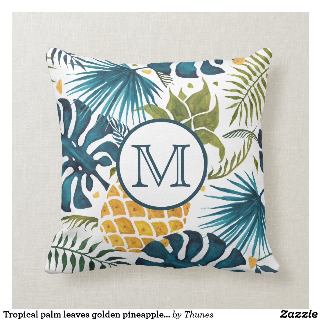 Tropical palm leaves golden pineapple Pineapple Monogram Throw Pillow