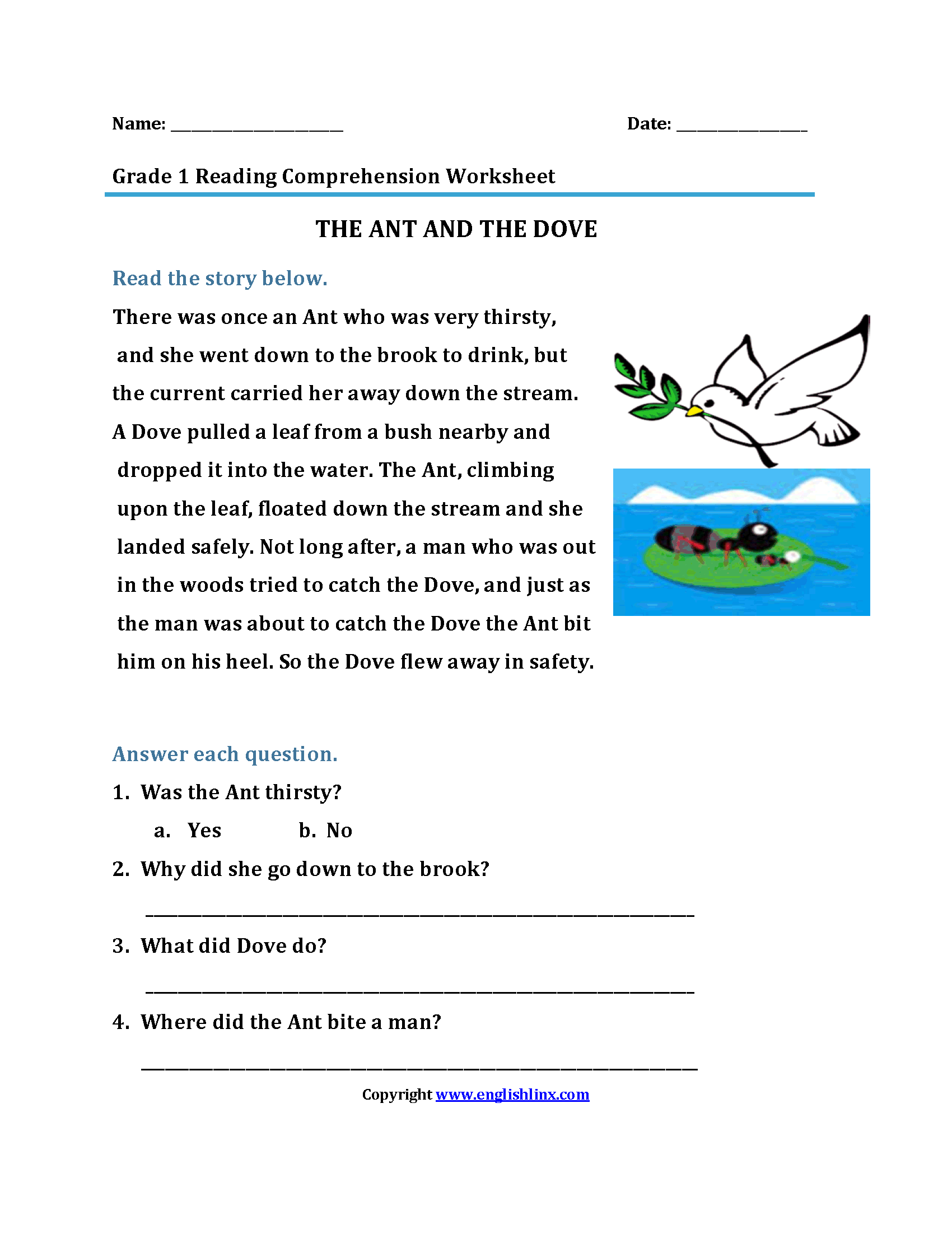 The Ant And DoveFirst Grade Reading Worksheets Reading - The Ant And DoveFirst Grade Reading Worksheets Reading