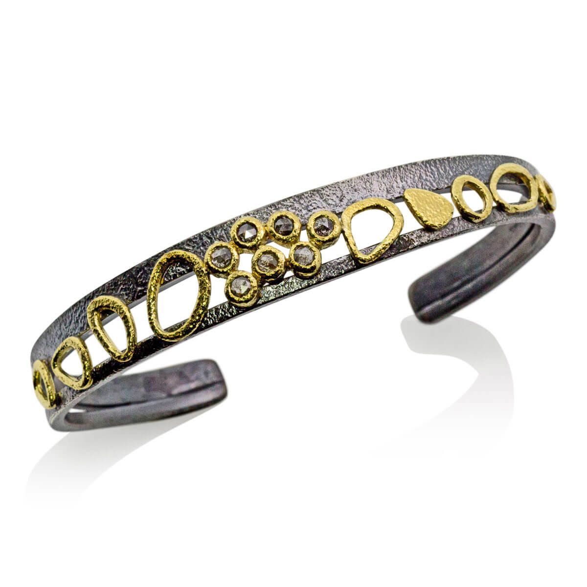 Double Cuff Bracelet With Salt Pepper Diamonds By Rona Fisher Gold Silver Stone Bracelet Artful Home In 2021 Diamond Bracelets Sterling Silver Bracelets Silver Bracelets